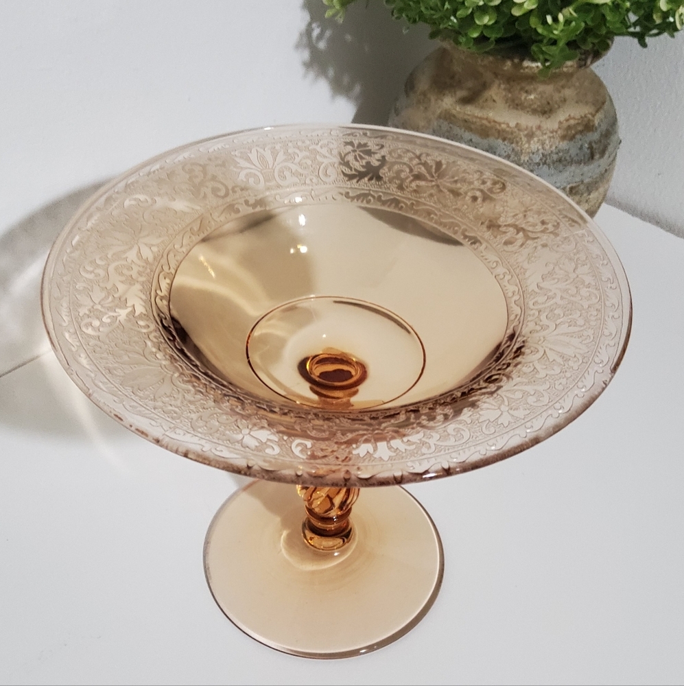 Vintage Fostoria Royal Etched Amber Glass Compote